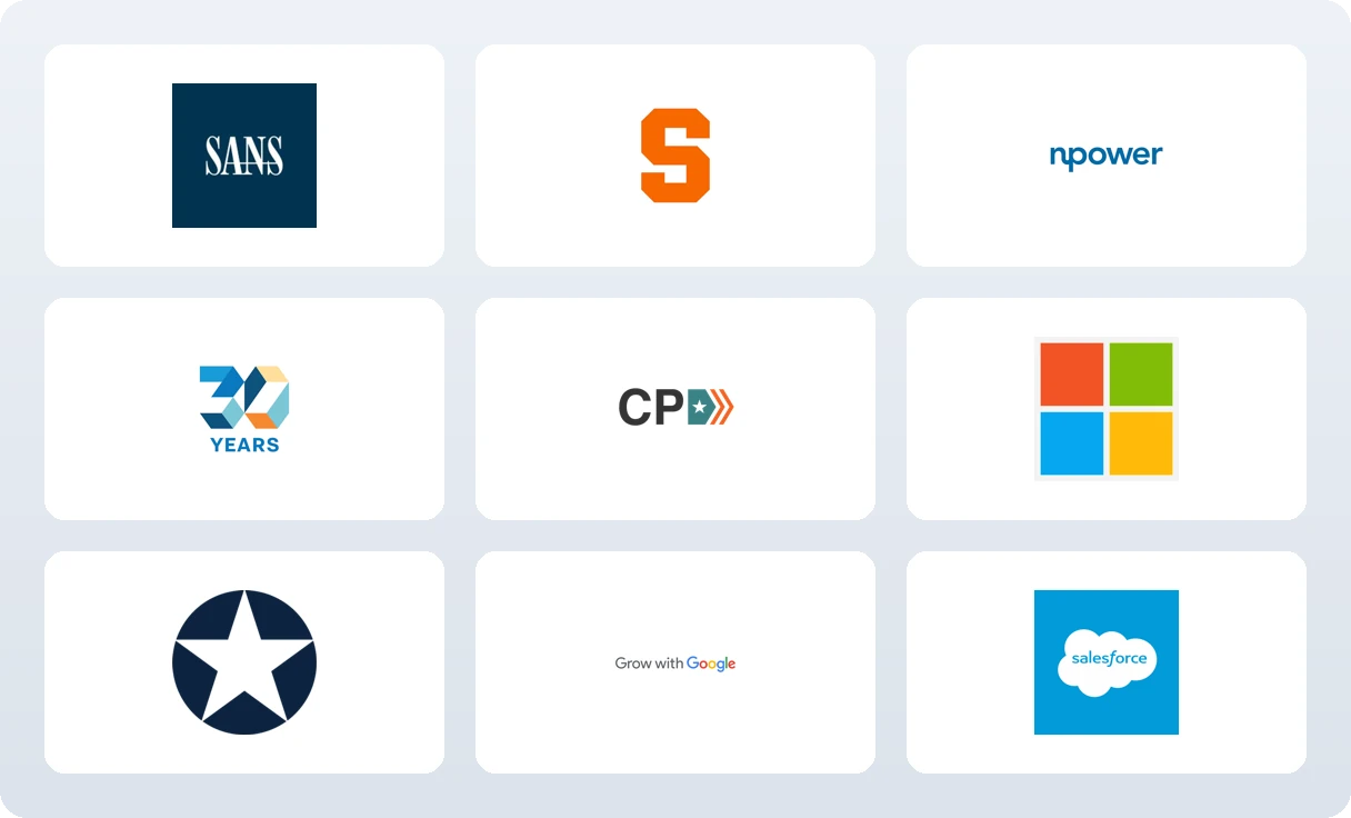 Logos of free veteran tech-training programs: SANS, Onward to Opportunity, NPower, Per Scholas, Code Platoon, Microsoft, Hiring Our Heroes, Grow with Google, and Salesforce