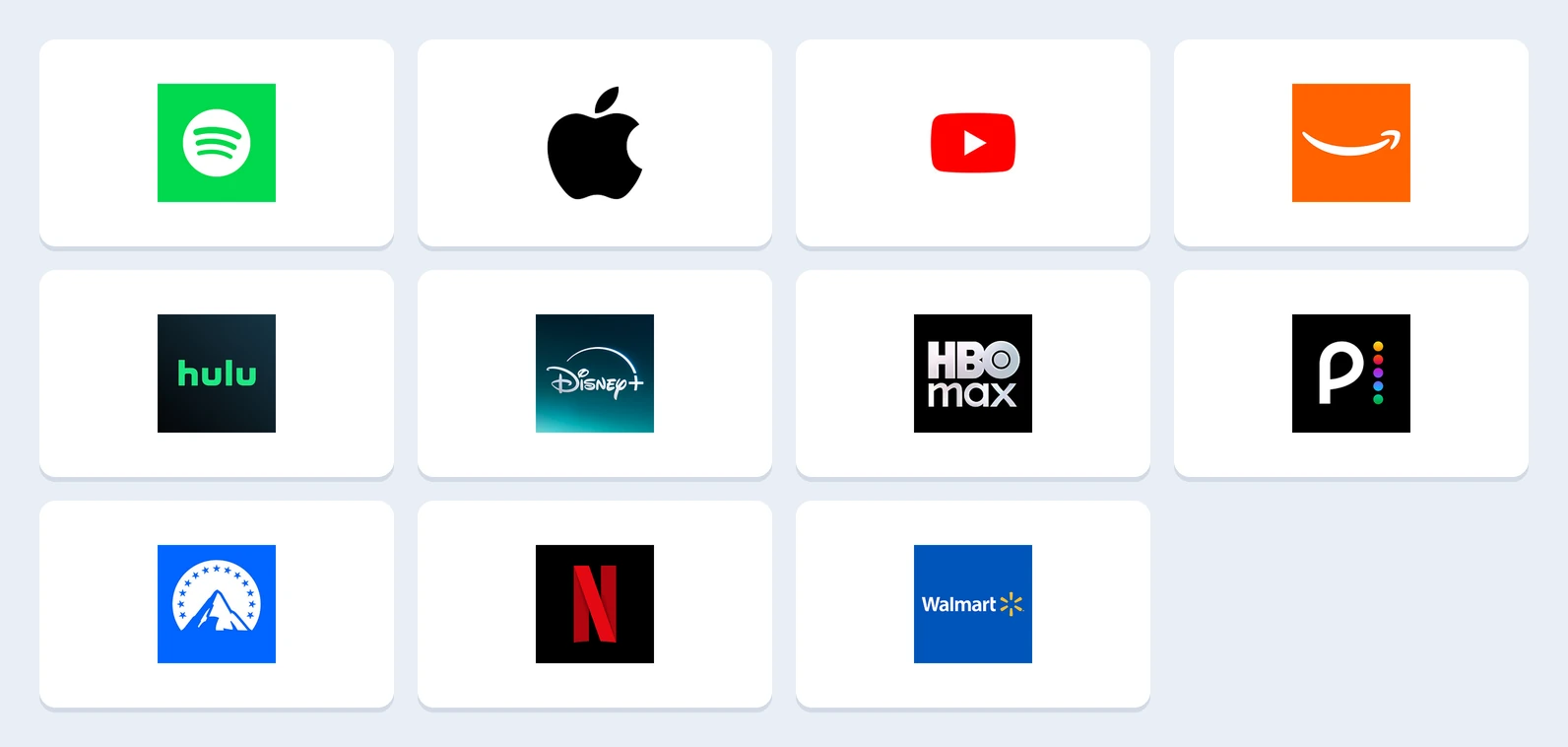 Logos of streaming and music services with military discounts: Spotify, Apple Music, YouTube Premium, Amazon Music, Hulu, Disney+, Max, Peacock, Paramount+, Netflix, and Walmart+