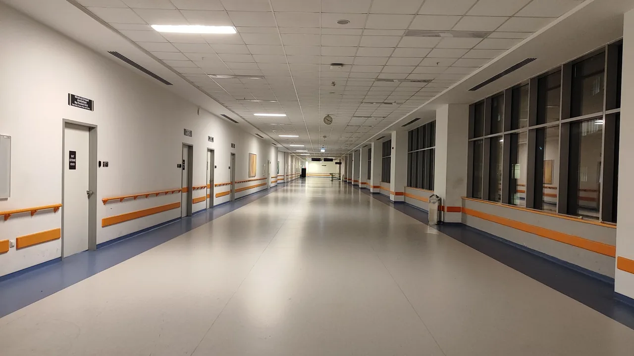 Wide corridor view in a modern hospital, Ankara, Türkiye. Well-lit and clean interior