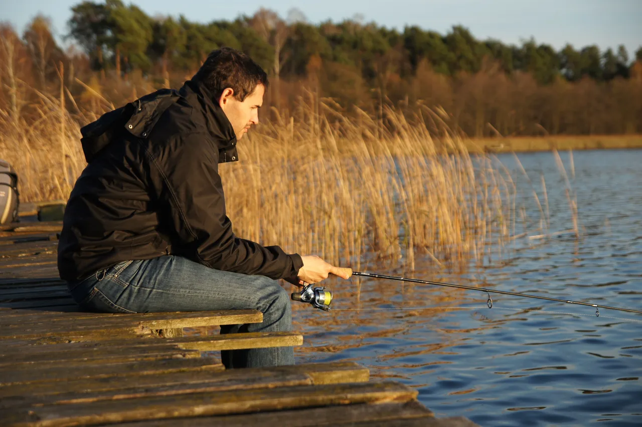 A man enjoys fishing on a tranquil lake pier surrounded by reeds and nature